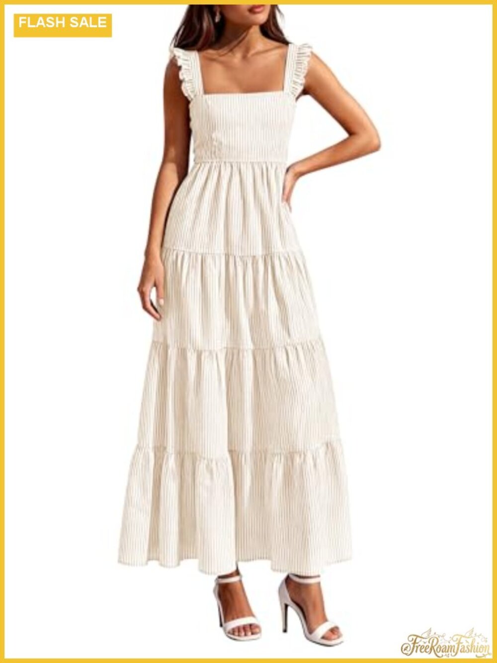 Women's Striped Maxi Dress Sleeveless Square Neck Smocked A-Line Tiered Ruffle